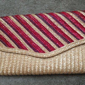 Vintage Straw Foldover Striped Large Clutch 12" Red, Purple Snap Hong Kong